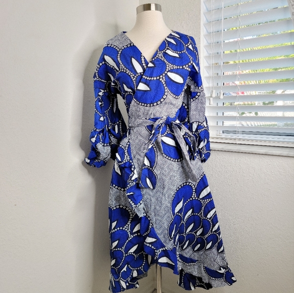 OFUURE Wax Cotton African Peacock Feather Print Wrap Dress S. - Picture 2 of 8